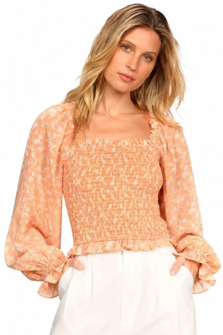Lulus Dreamiest Love Peach Floral Smocked Long Sleeve Crop Top Small